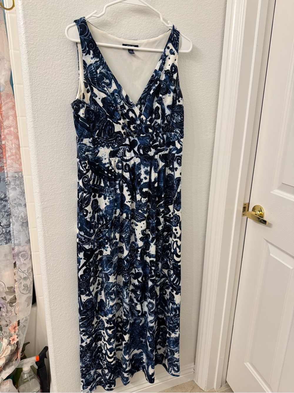 Chaps Blue & White Sleeveless V-Neck Maxi Dress Large Womens